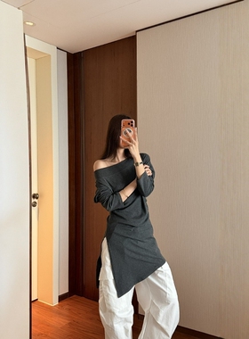 摩登197设计感一字肩斜裁长袖T恤女2026春季斜肩中长款上衣 2F057