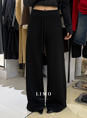 LIMO松紧高腰加绒阔腿裤女2025冬新款垂感直筒显瘦抽绳休闲裤5940
