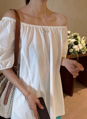 摩登197泡泡袖一字肩衬衫女2025夏新款纯棉宽松休闲百搭上衣1F821