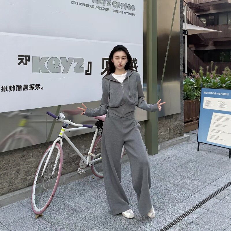 Olive 韩系休闲套装女2026冬加厚连帽拉链卫衣阔腿裤两件套3148-1
