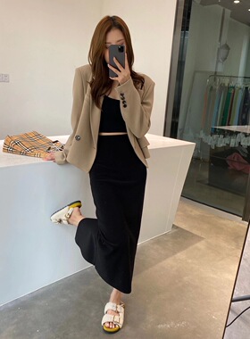 摩登197黑色直筒半身裙女春夏新款高腰显瘦后开叉包臀一步裙1819