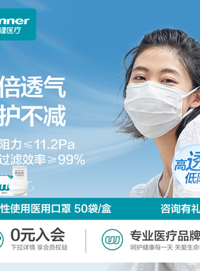 稳健医疗低呼吸阻力透气轻薄一次性医用白色口罩非独立装空气口罩
