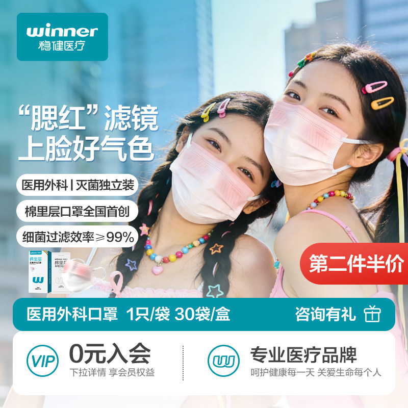 稳健棉里层医用外科口罩轻薄高颜值成人儿童一次性独立包装女医疗