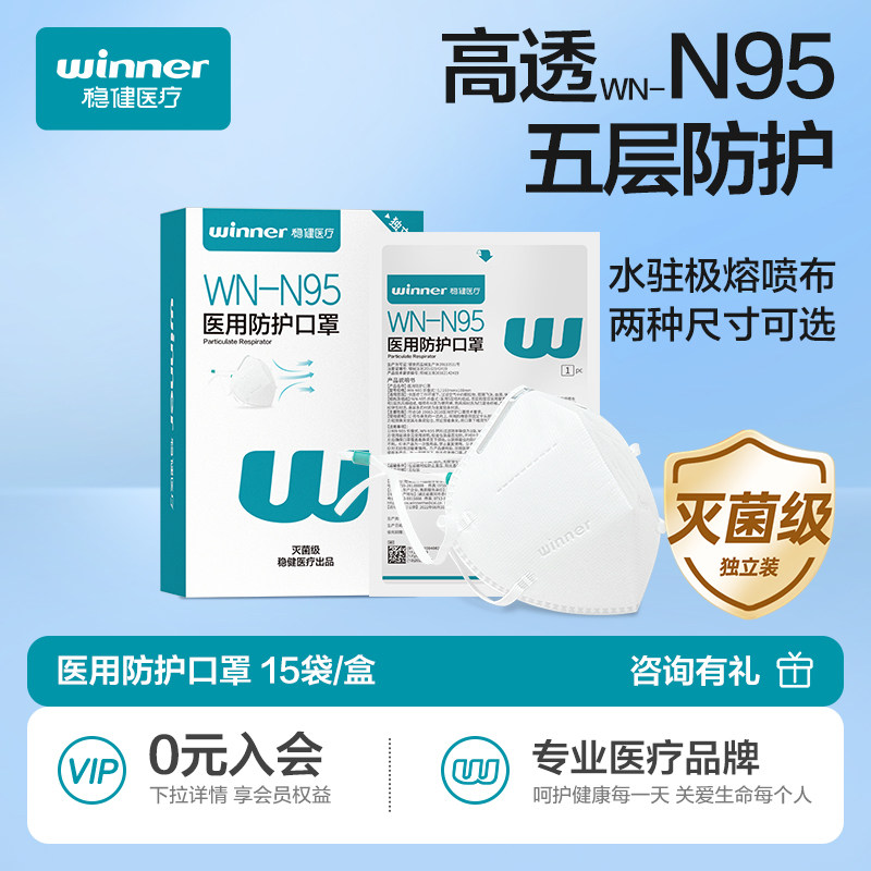 稳健医疗n95型医用防护口罩灭菌独立包装高透医疗白色口罩头戴式