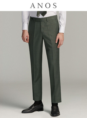 ANOS墨绿色意式商务修身西裤男 细斜纹肌理免烫休闲直筒西装裤子
