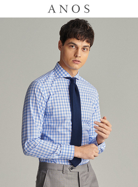 ANOS春夏格纹意式温莎领衬衫男 商务休闲浅蓝色格子全棉长袖衬衣