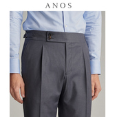 双扣翻边裤 ANOS那不勒斯灰色细斜纹西裤 巴黎扣单褶修身 意式 子 男