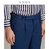 男休闲免烫西装 脚九分裤 裤 翻边裤 子 单褶修身 ANOS那不勒斯条纹西裤
