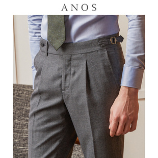 巴黎扣绅士修身 单折翻边男裤 意式 ANOS那不勒斯千鸟格羊毛西裤 子