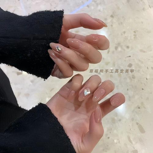 纯手工定制美甲成品穿戴甲新娘孕妇可用甄嬛华妃同款冰透带钻裸色