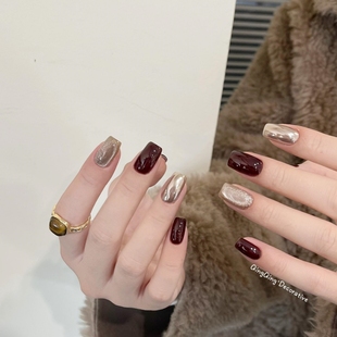 秋冬车厘子猫眼手工穿戴甲贴片爆闪金粉成品老钱风中长款高级