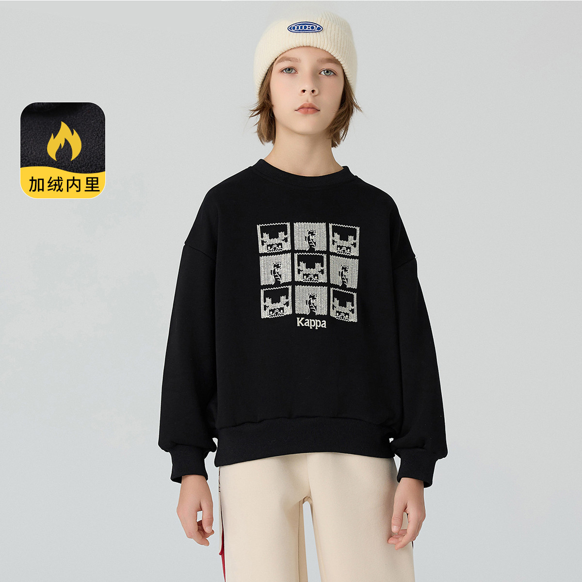 Kappa kids2023龙年新款加绒舒适休闲中大童圆领套头男女童卫衣
