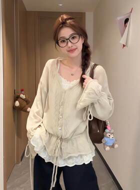 大码胖MM慵懒风镂空喇叭袖毛衣蕾丝吊带背心上衣早秋新款两件套女
