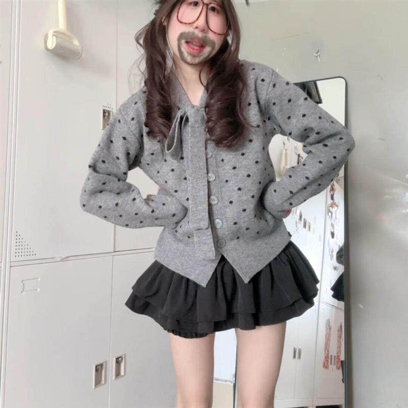 蝴蝶结系带波点针织开衫女秋冬新款内搭毛衣外套miu系高级感上衣