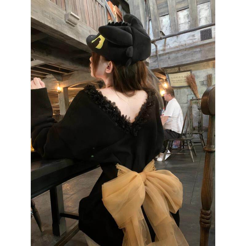 大码胖mm美式辣妹风蕾丝v领蝴蝶结绑带收腰打底毛衣女秋冬季上衣