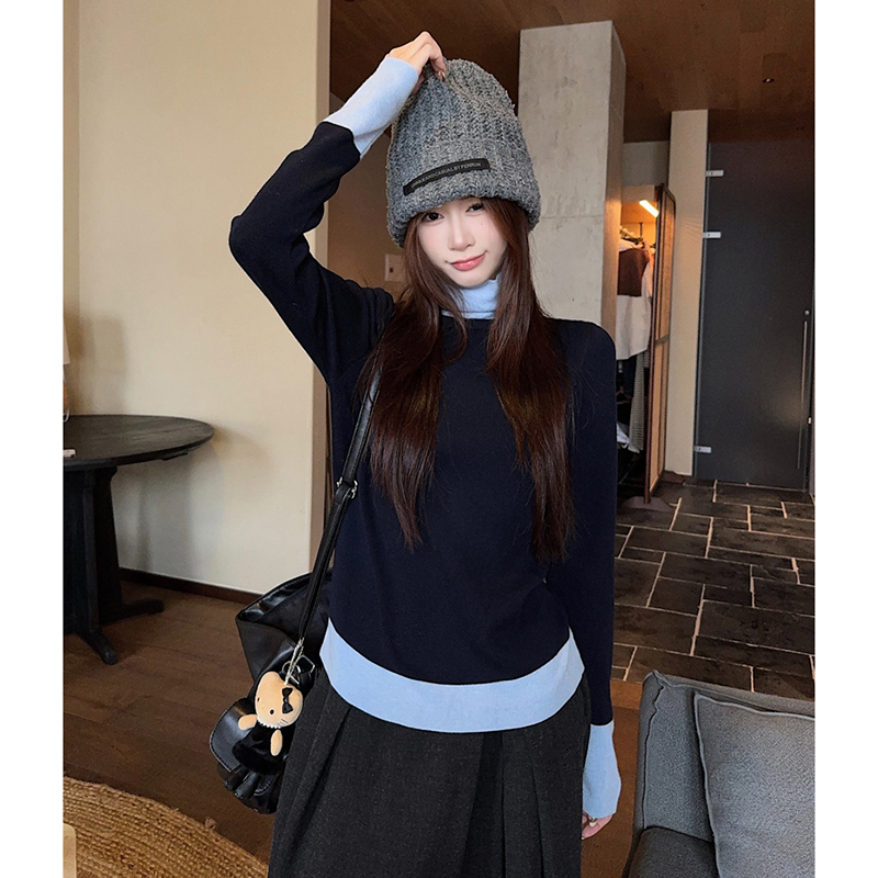 撞色高领哺乳上衣秋冬假两件长袖打底衫辣妈款外出大码喂奶期毛衣