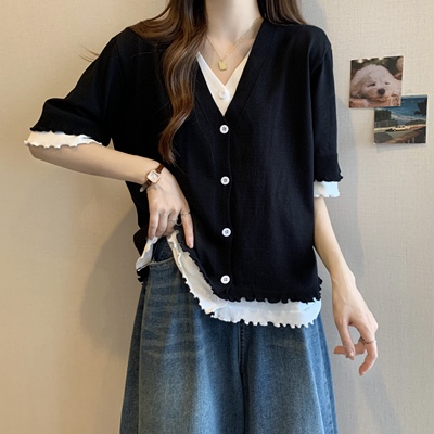 哺乳上衣假两件v领针织短袖显瘦