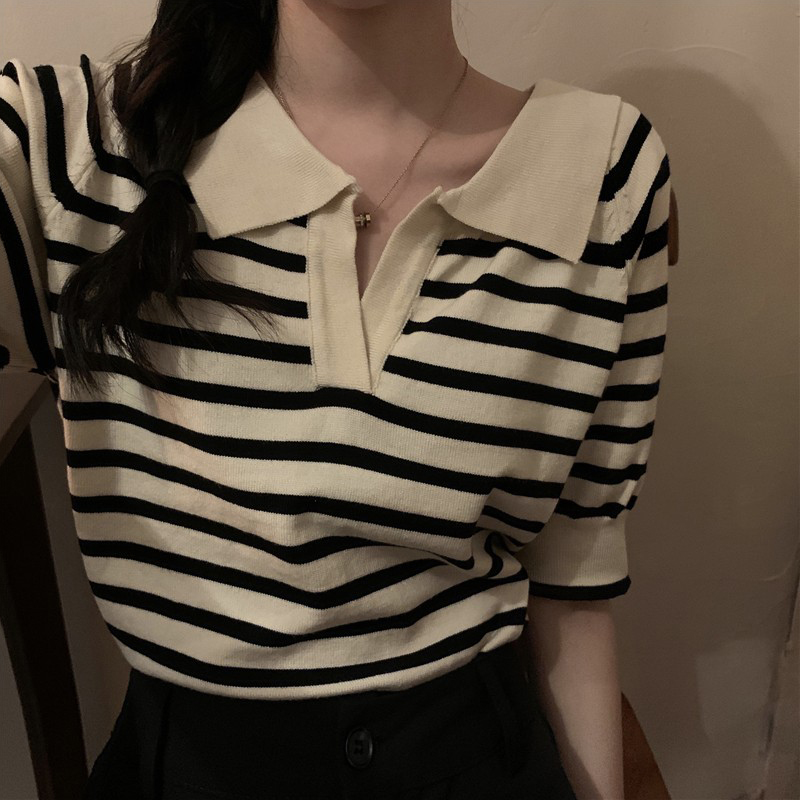 哺乳装夏季宽松条纹polo领短袖针织衫辣妈款外出显瘦产后喂奶上衣