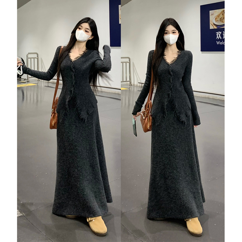 哺乳装外出大码软糯针织毛边上衣半身裙产后辣妈款外出喂奶两件套