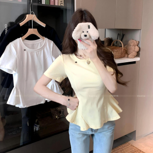 荷叶边哺乳上衣夏季大码正肩鱼骨短袖T恤辣妈款外出喂奶期打底衫