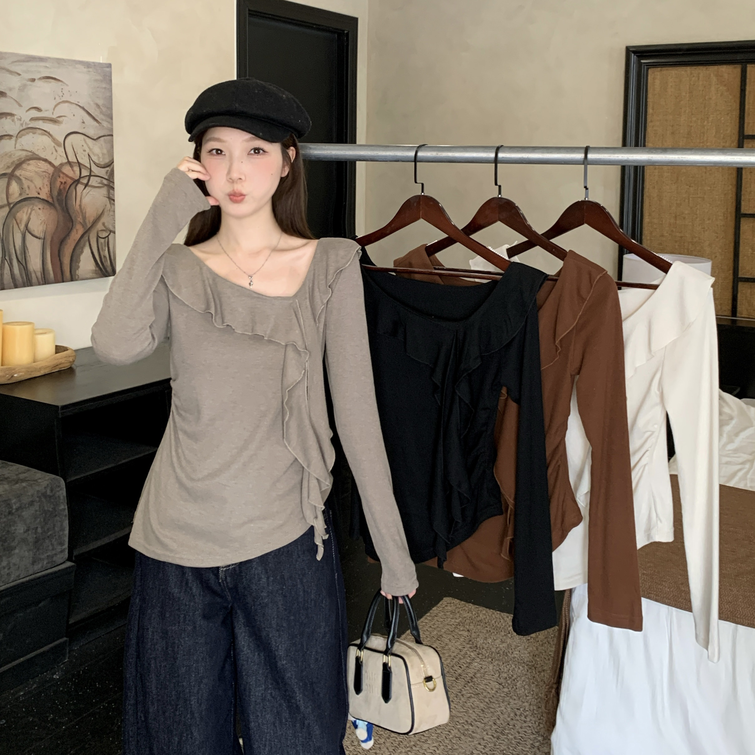 哺乳上衣秋季大码荷叶边斜领长袖t恤产后辣妈款外出喂奶期打底衫