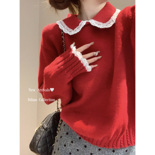 外出喂奶毛衣 辣妈款 哺乳上衣冬季 娃娃领红色氛围北极绒打底针织衫