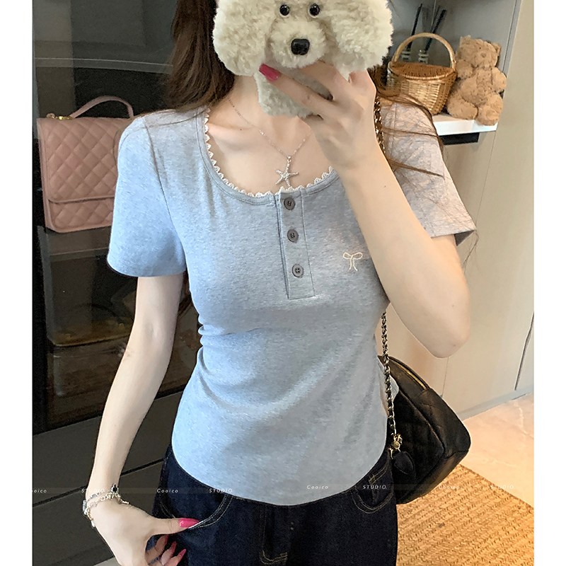 哺乳上衣夏季蕾丝花边短袖T恤辣妈款外出大码显瘦遮肉喂奶打底衫