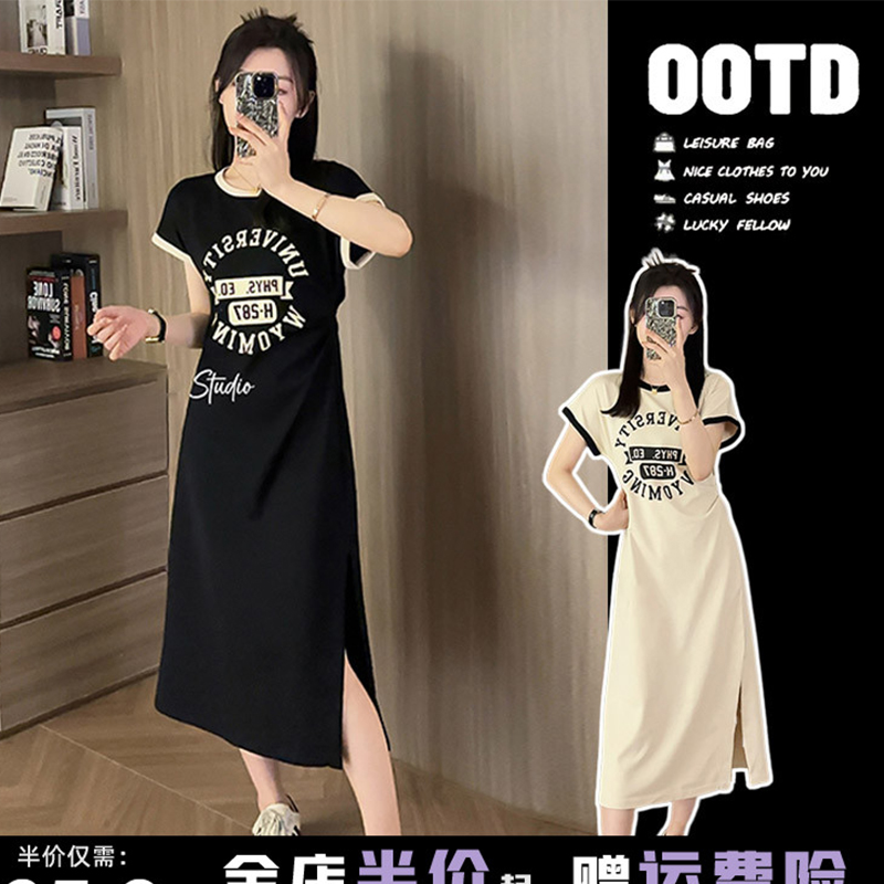 哺乳连衣裙夏季圆领字母印花休闲裙产后洋气辣妈款外出显瘦喂奶服