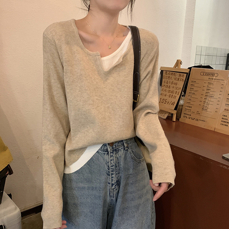 哺乳上衣假两件撞色针织打底衫
