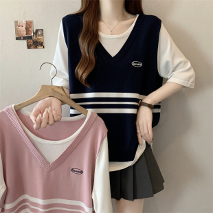 显瘦喂奶针织短袖 外出大码 宽松产后辣妈款 假两件撞色哺乳上衣夏季