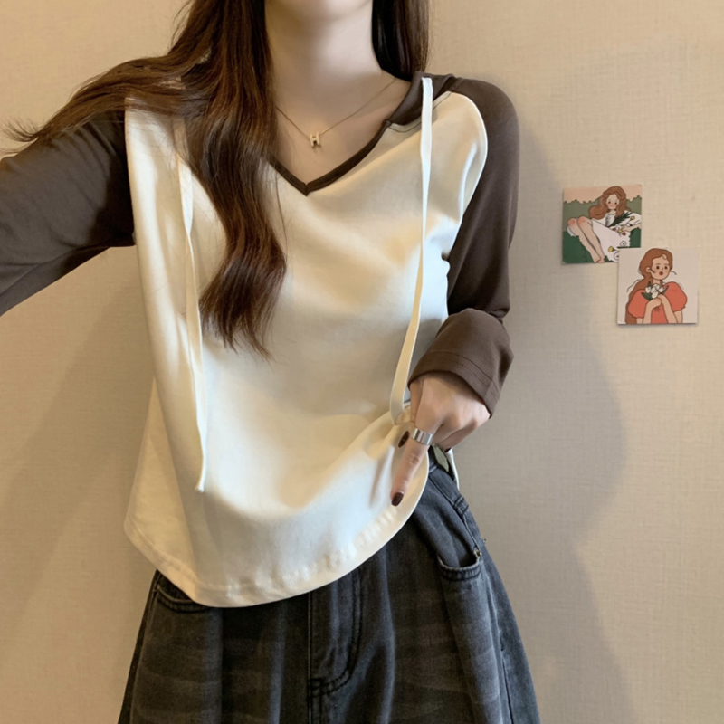哺乳上衣拼色连帽长袖纯欲辣妈款