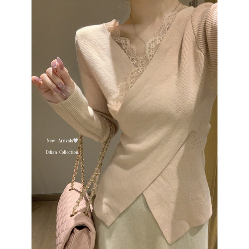 哺乳上衣秋冬交叉v领蕾丝长袖针织显瘦产后辣妈款外出喂奶服毛衣