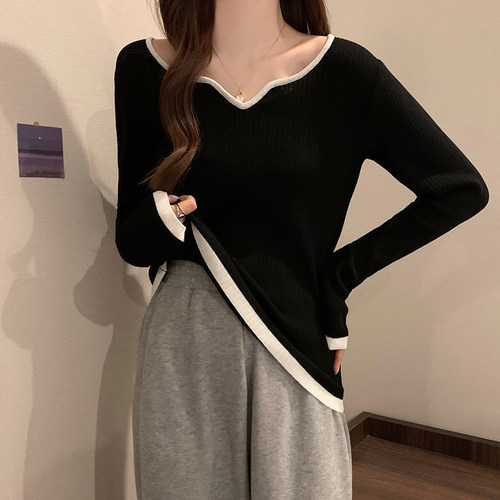 撞色海鸥领针织衫辣妈款哺乳上衣