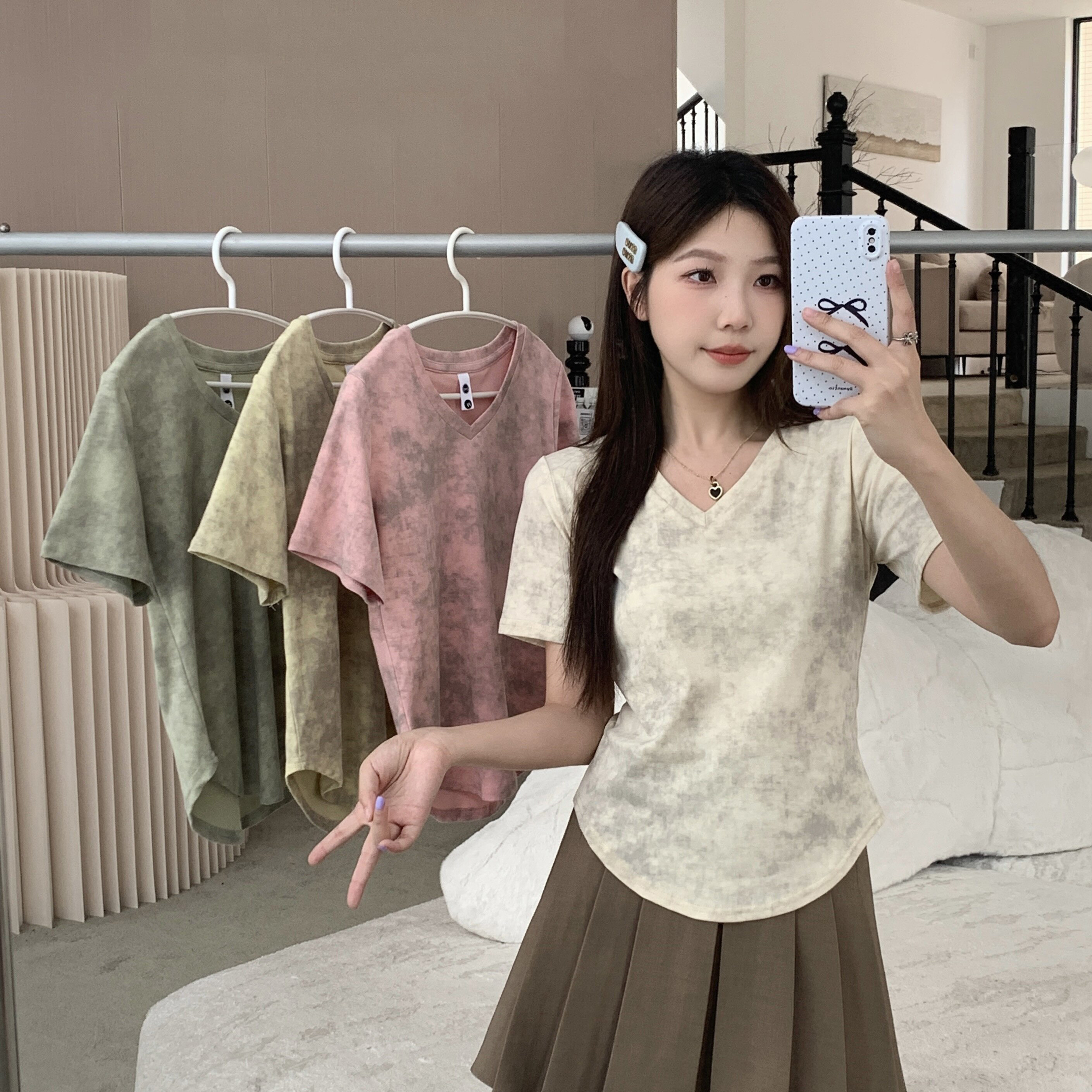 哺乳上衣夏季正肩扎染不规则短袖T恤辣妈款外出大码喂奶期打底衫