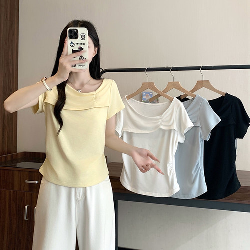 哺乳夏装外出大码方领正肩短袖t恤产后辣妈款显瘦不规则喂奶上衣