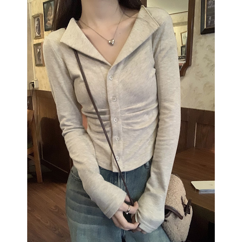 哺乳上衣加绒polo领褶皱正肩长袖