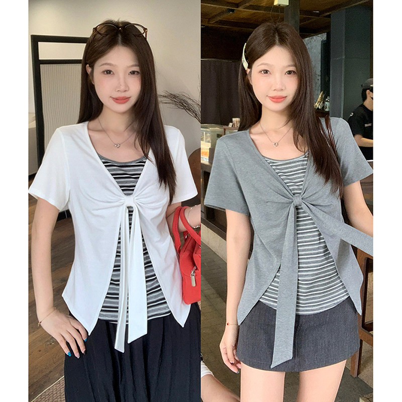 哺乳夏装外出大码条纹系带假两件短袖T恤辣妈款产后显瘦喂奶上衣
