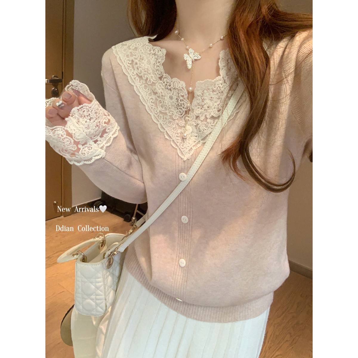 哺乳上衣秋冬v领蕾丝温柔风长袖针织衫辣妈款外出产后喂奶期毛衣