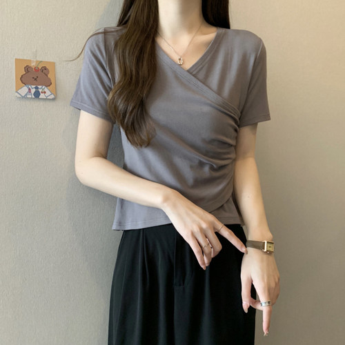哺乳上衣褶皱交叉v领下拉式短袖