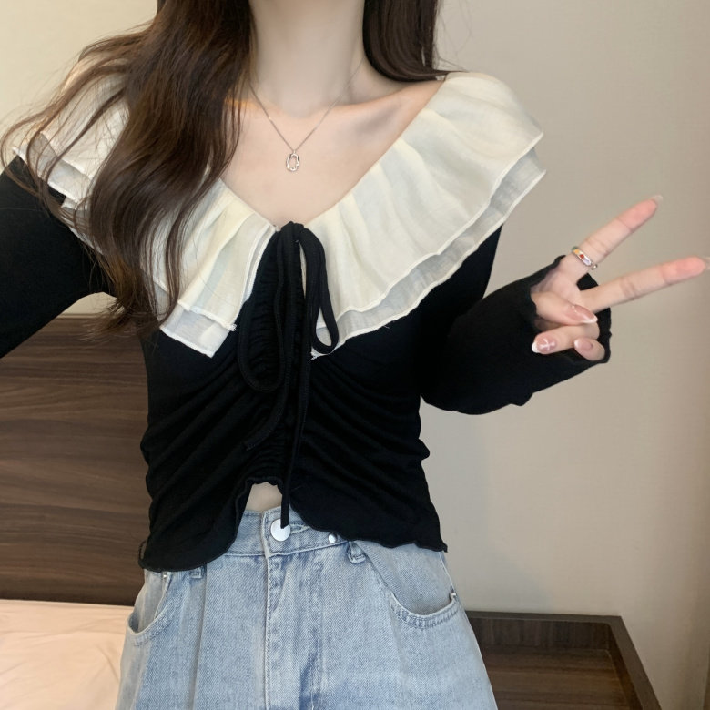 哺乳装外出秋季大码荷叶边抽绳显瘦长袖T恤产后辣妈款喂奶期上衣