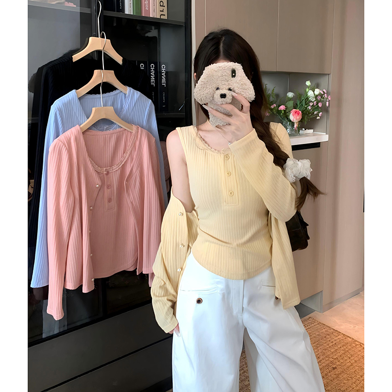 哺乳上衣秋季甜美花边吊带开衫产后辣妈款外出大码喂奶期两件套装