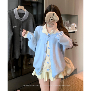 假两件翻领哺乳上衣秋冬大码甜系刺绣针织开衫辣妈款外出喂奶毛衣