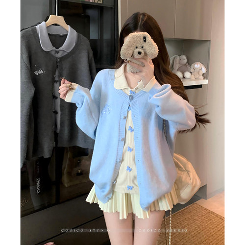 假两件翻领哺乳上衣秋冬大码甜系刺绣针织开衫辣妈款外出喂奶毛衣