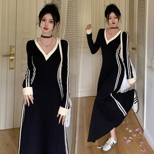 过膝长裙辣妈款 v领长袖 外出收腰显瘦喂奶服 装 哺乳连衣裙秋冬大码