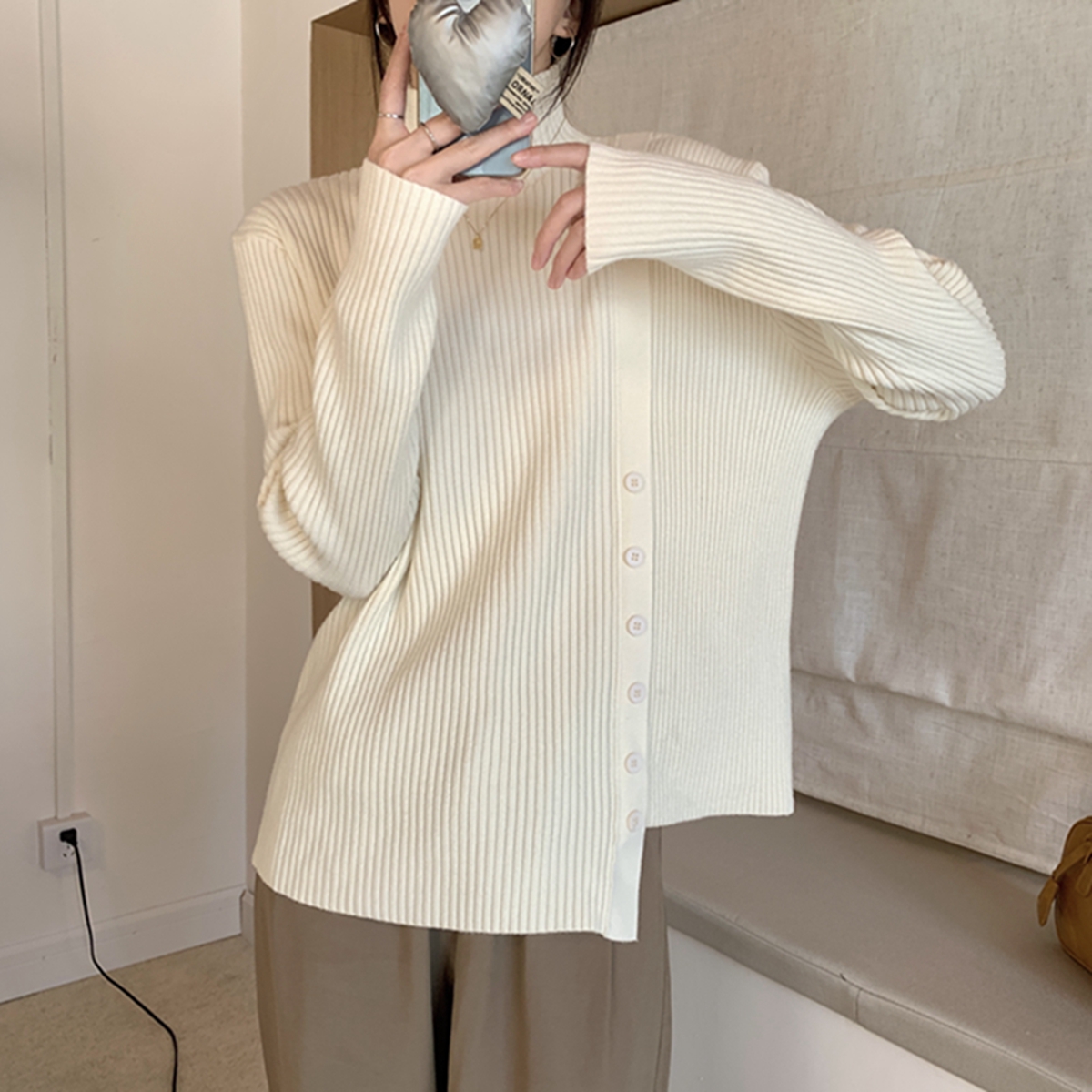 哺乳上衣秋冬加厚半高领不规则长袖针织辣妈款外出时尚喂奶打底衫