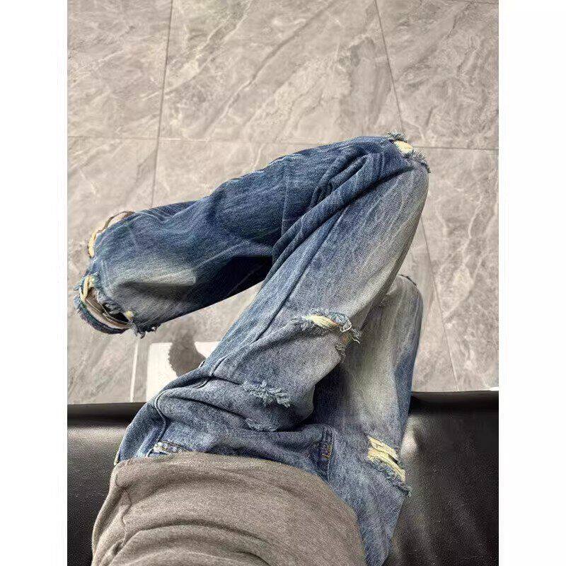 直筒裤显瘦牛仔裤纹子微喇裤美式破洞夏季男高街显腿长闪电浅蓝色