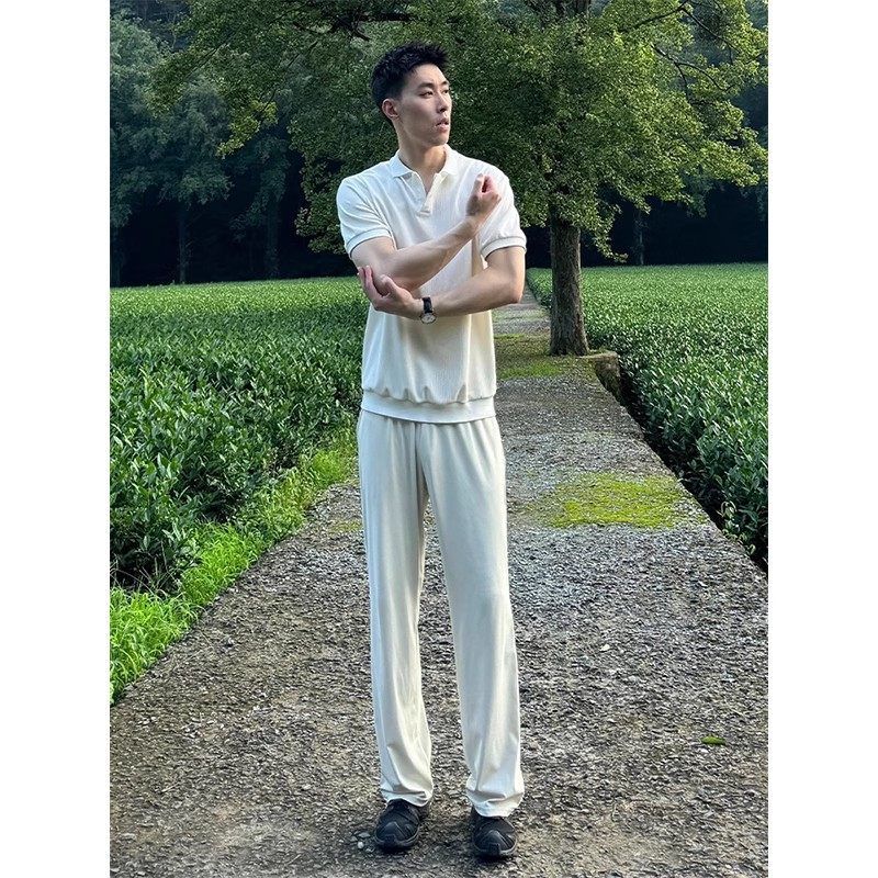 冰丝美式休闲裤垂感米微喇裤子西裤直筒白色高级感男夏显腿长薄款