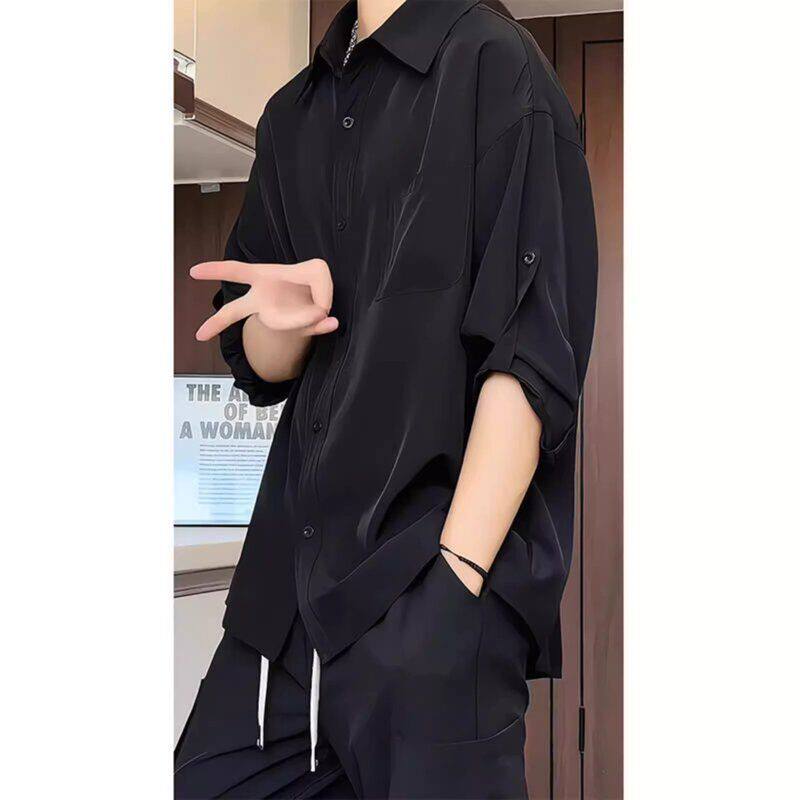 搭配痞帅搭黑色穿稳重上衣帅气男高级感冰丝短袖衬衫男装成熟夏季