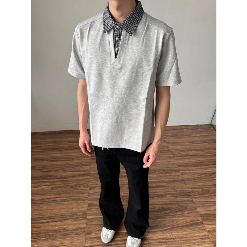 拼接男T恤格子夏季olo衣服新款