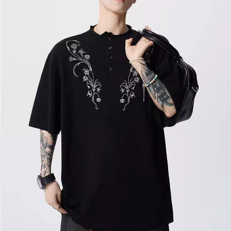 男老钱上衣短袖新款风夏季半袖刺绣2026花卉t恤白枝潮牌宽松美式